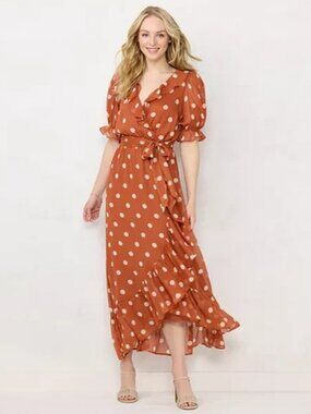 LC Lauren Conrad Orange & White Polka Dot Maxi dress ruffle hem puff sleeve MED
